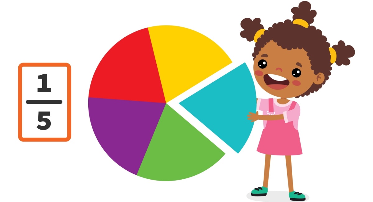 An illustration of a girl holding a pie chart showing fractions. 