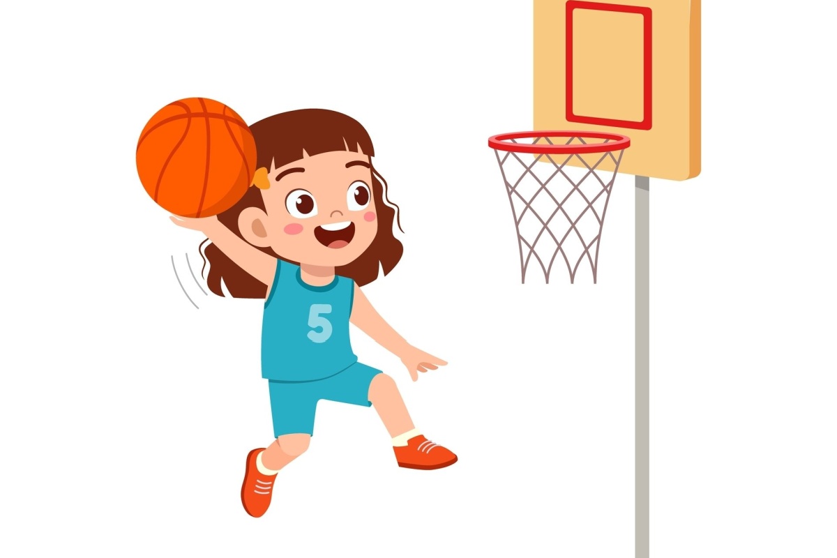Illustration of a boy dunking a basket ball. 