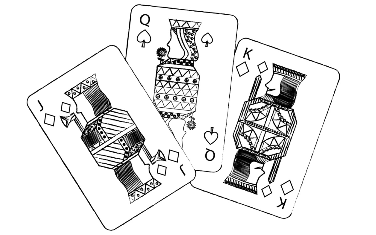 A Jack, Queen, and King playing card. 