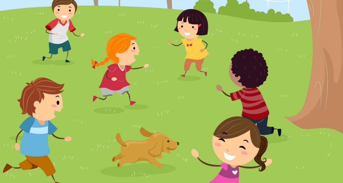 An illustration of children playing team tag. 