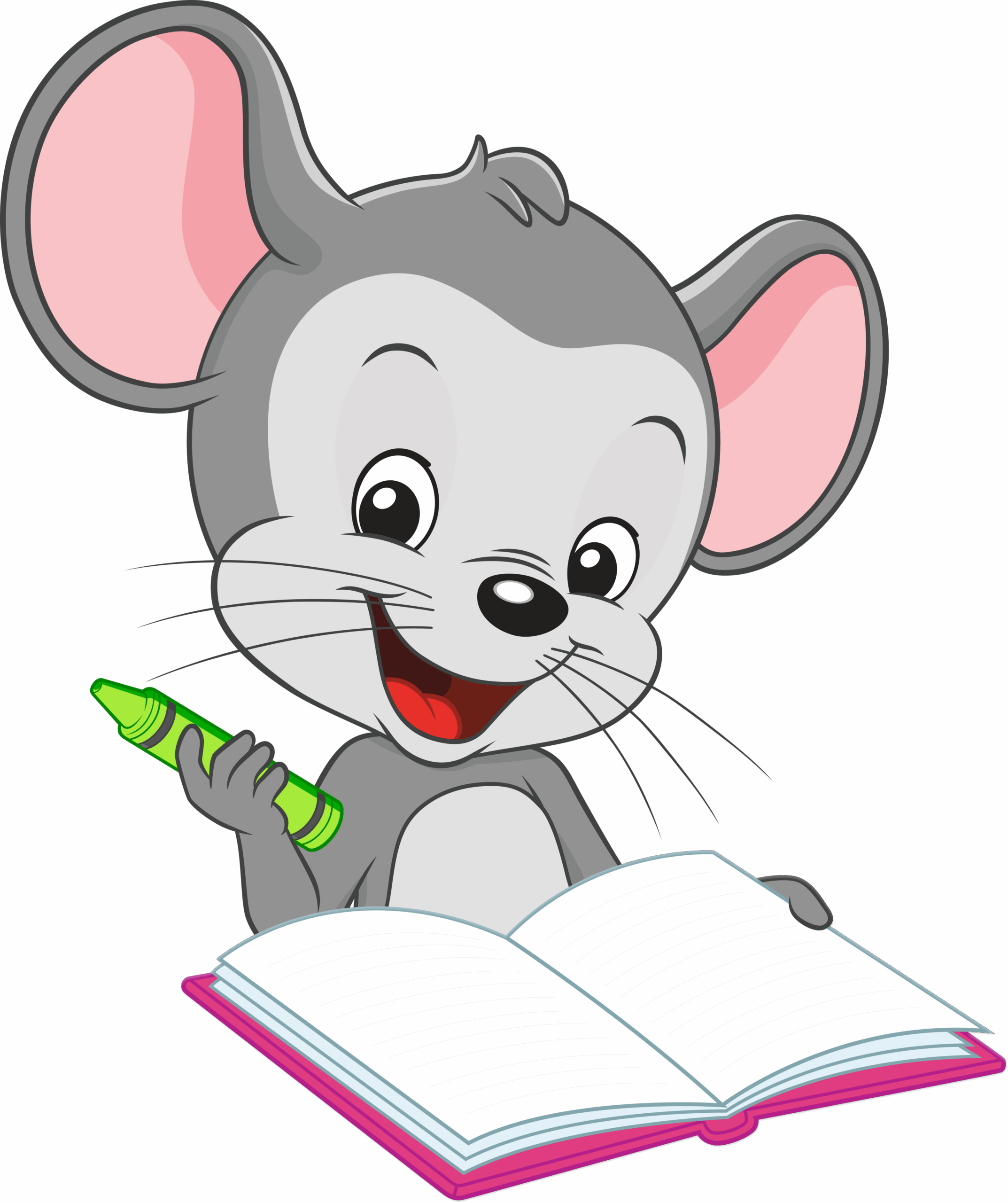 ABC Mouse holding a green crown ready to write in a notebook. 