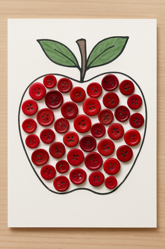 Apple craft made of red buttons on white paper.