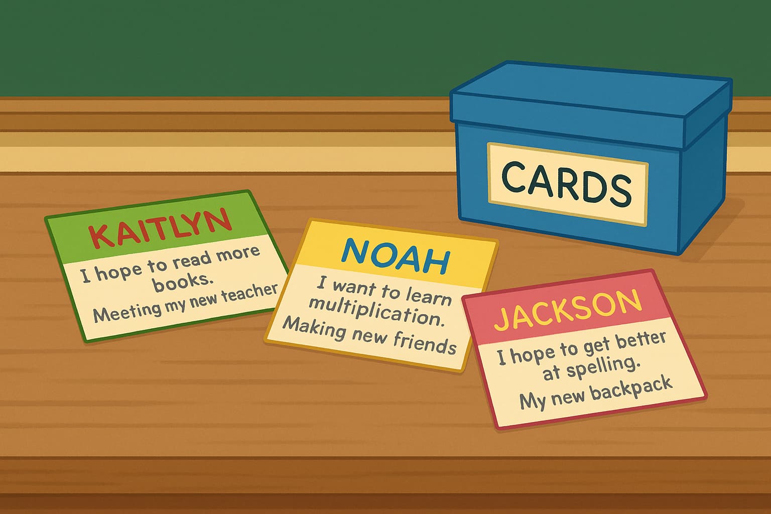 An illustration of a blue box that says 'cards' on it and name cards with goals for the school year written on them. 