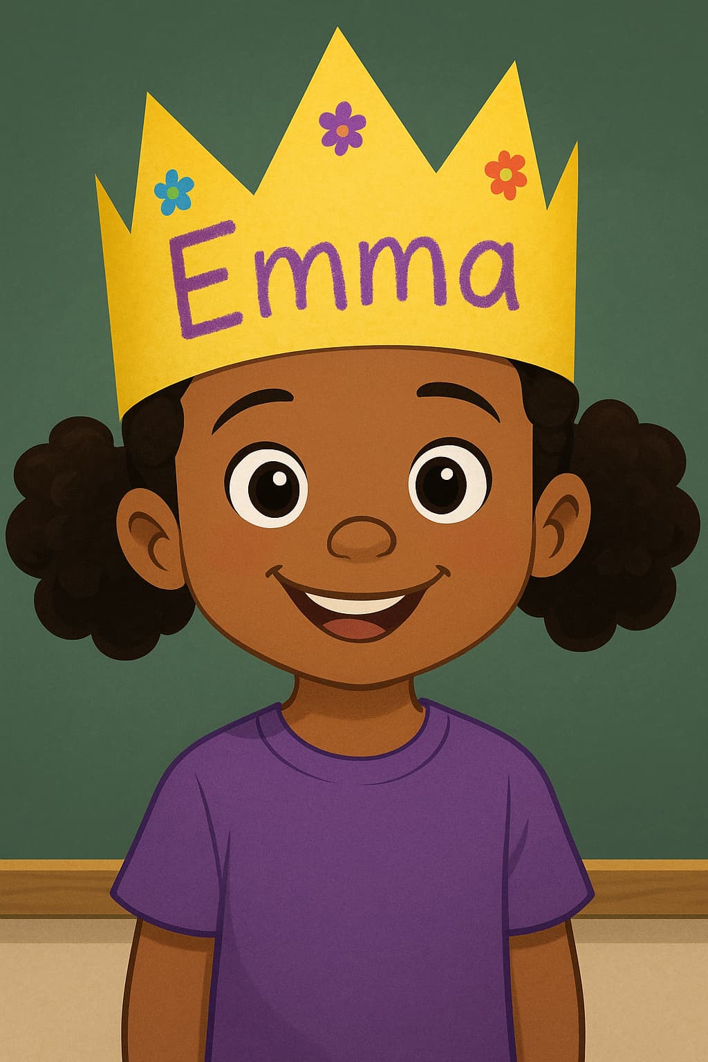 A cute cartoon girl wearing a crown with her name on it. 