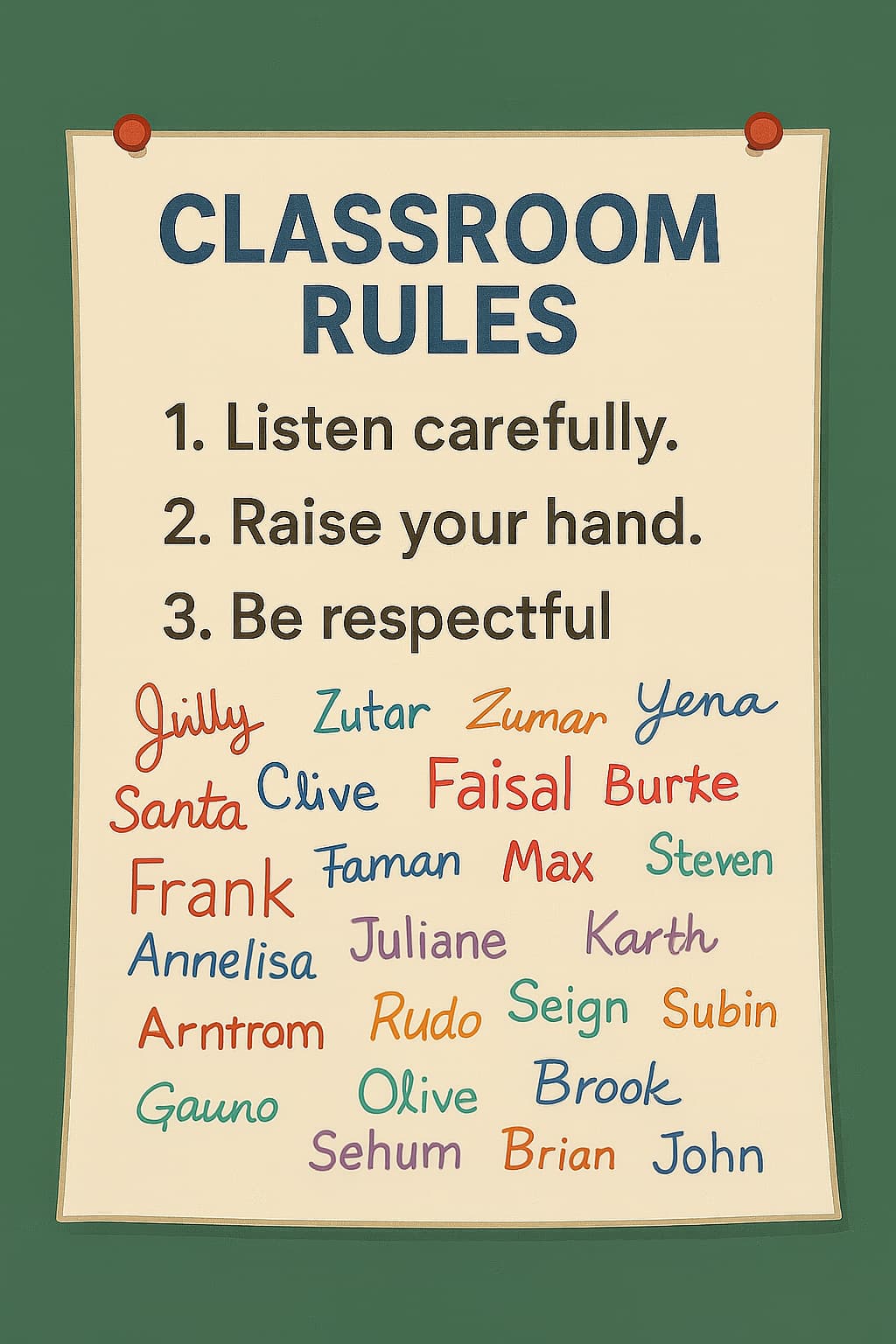 A large poster of classroom rules with kids signature on it. 