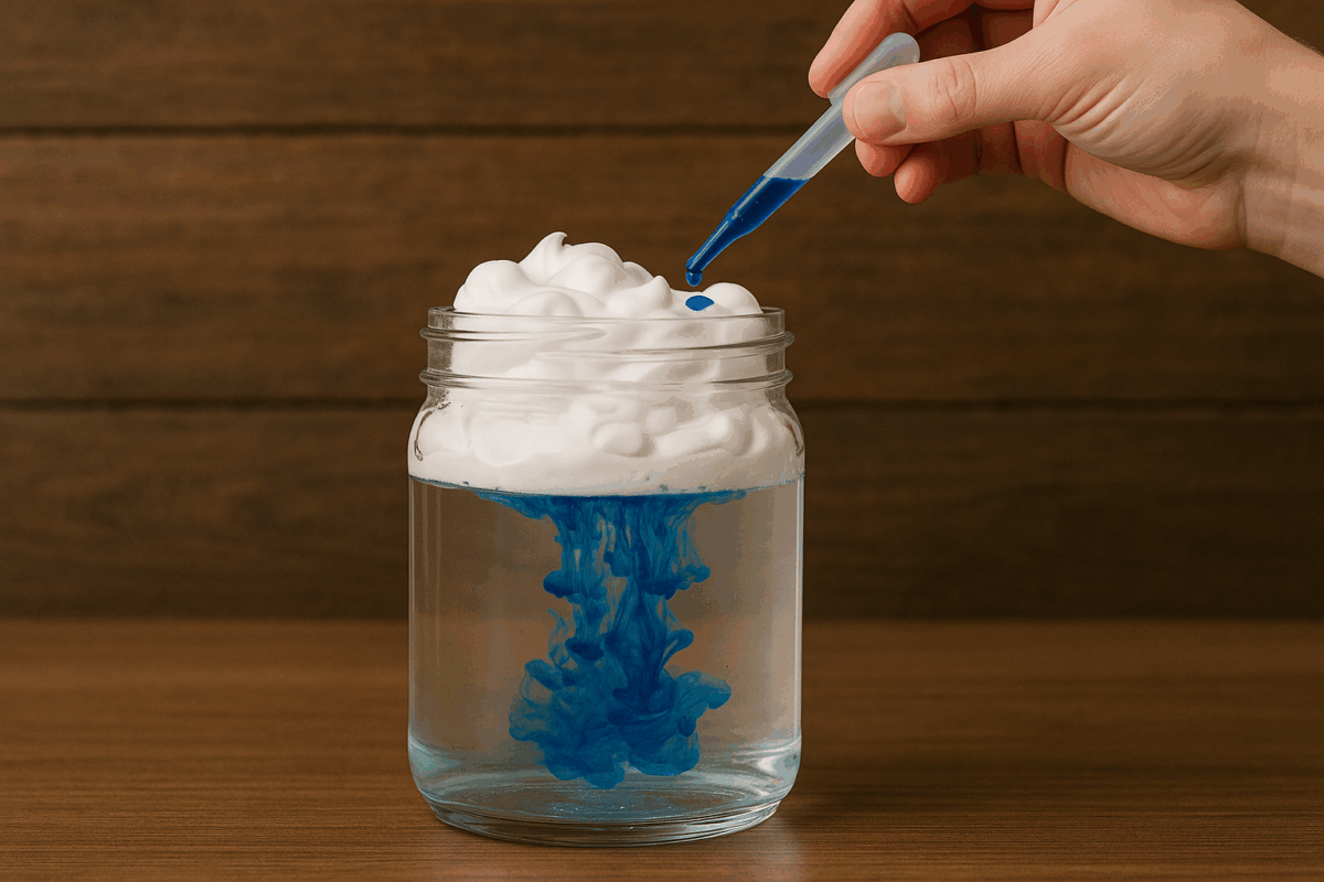 Shaving cream in the top of a clear glass jar that had blue food die running through it from a dropper on top. 