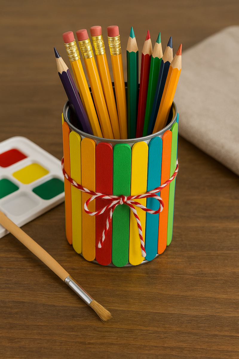Brightly colored popsicle stick pencil holder craft for kids. 