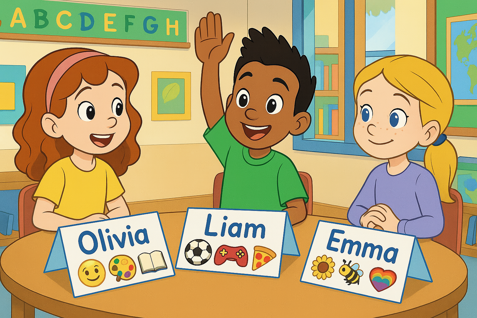 An illustration of children sitting with their emoji name tags on the table in front of them. 
