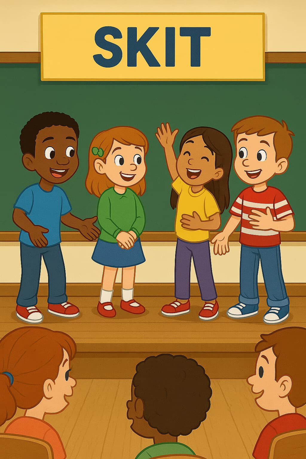 An illustration of kids in a classroom performing a skit. 
