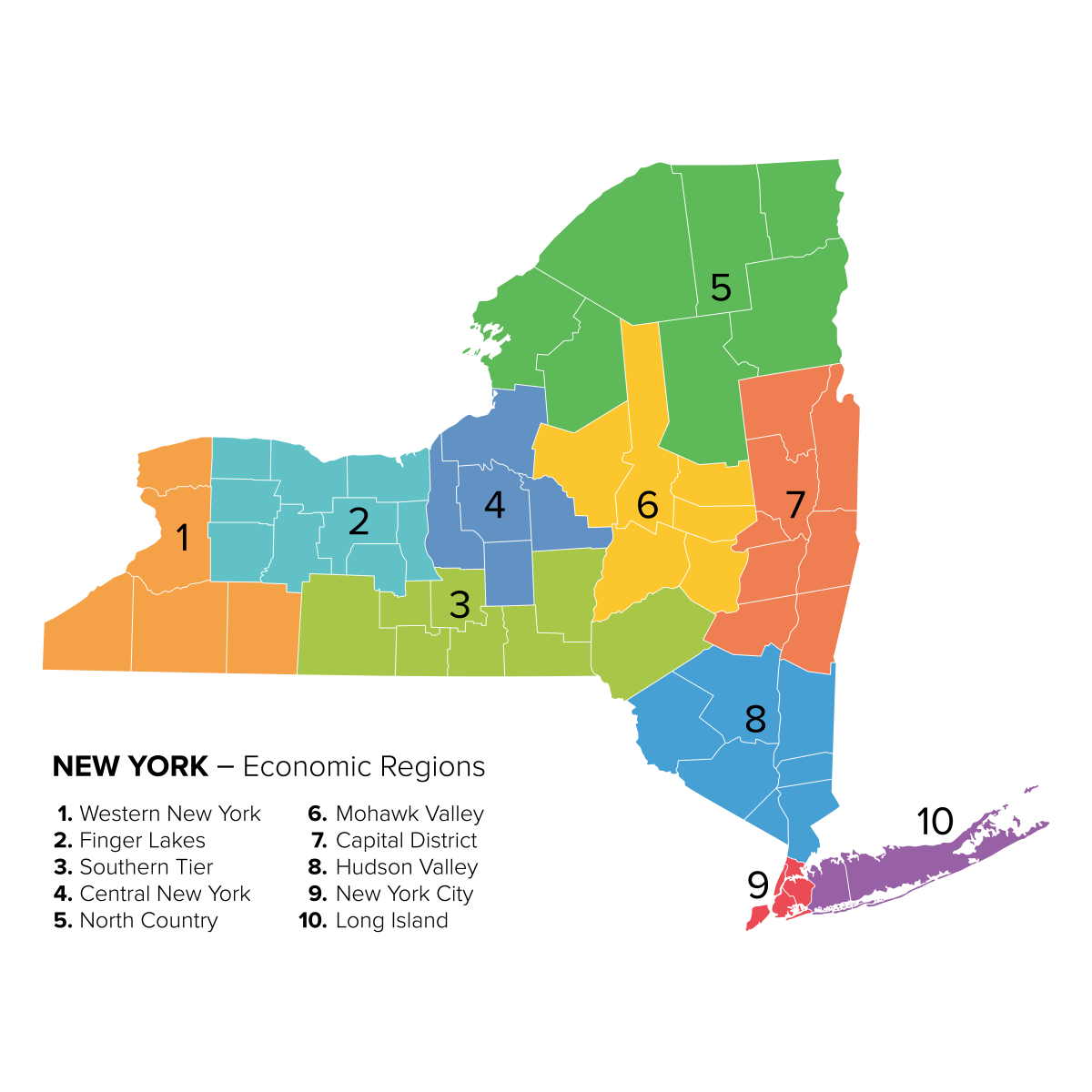 Colorful map of the regions of New York. 
