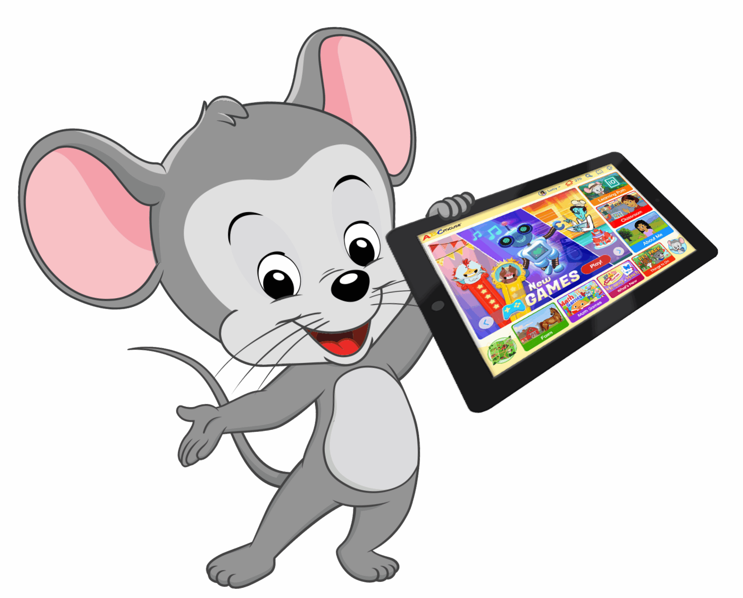 ABC mouse holding an iPad with fun and educational games ready to play. 
