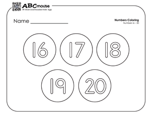Free printable number groups counting by fives 16-20 coloring page for kids from ABCmouse.com. 