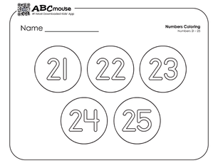 Free printable number groups counting by fives 21-25 coloring page for kids from ABCmouse.com. 