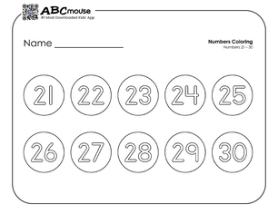 Free printable number groups counting by tens 21-30 coloring page for kids from ABCmouse.com. 