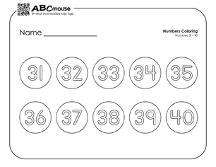 Free printable number groups counting by tens 31-40 coloring page for kids from ABCmouse.com. 