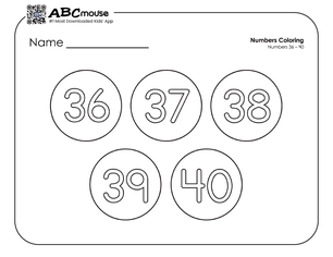 Free printable number groups counting by fives 36-40 coloring page for kids from ABCmouse.com. 