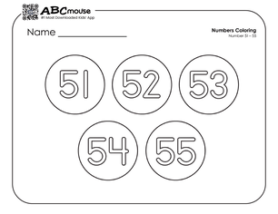 Free printable number groups counting by fives 51-55 coloring page for kids from ABCmouse.com. 