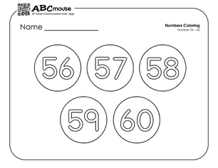 Free printable number groups counting by fives 56-60 coloring page for kids from ABCmouse.com. 