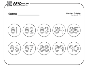 Free printable number groups counting by tens 81-90 coloring page for kids from ABCmouse.com. 