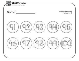 Free printable number groups counting by tens 91-100 coloring page for kids from ABCmouse.com. 