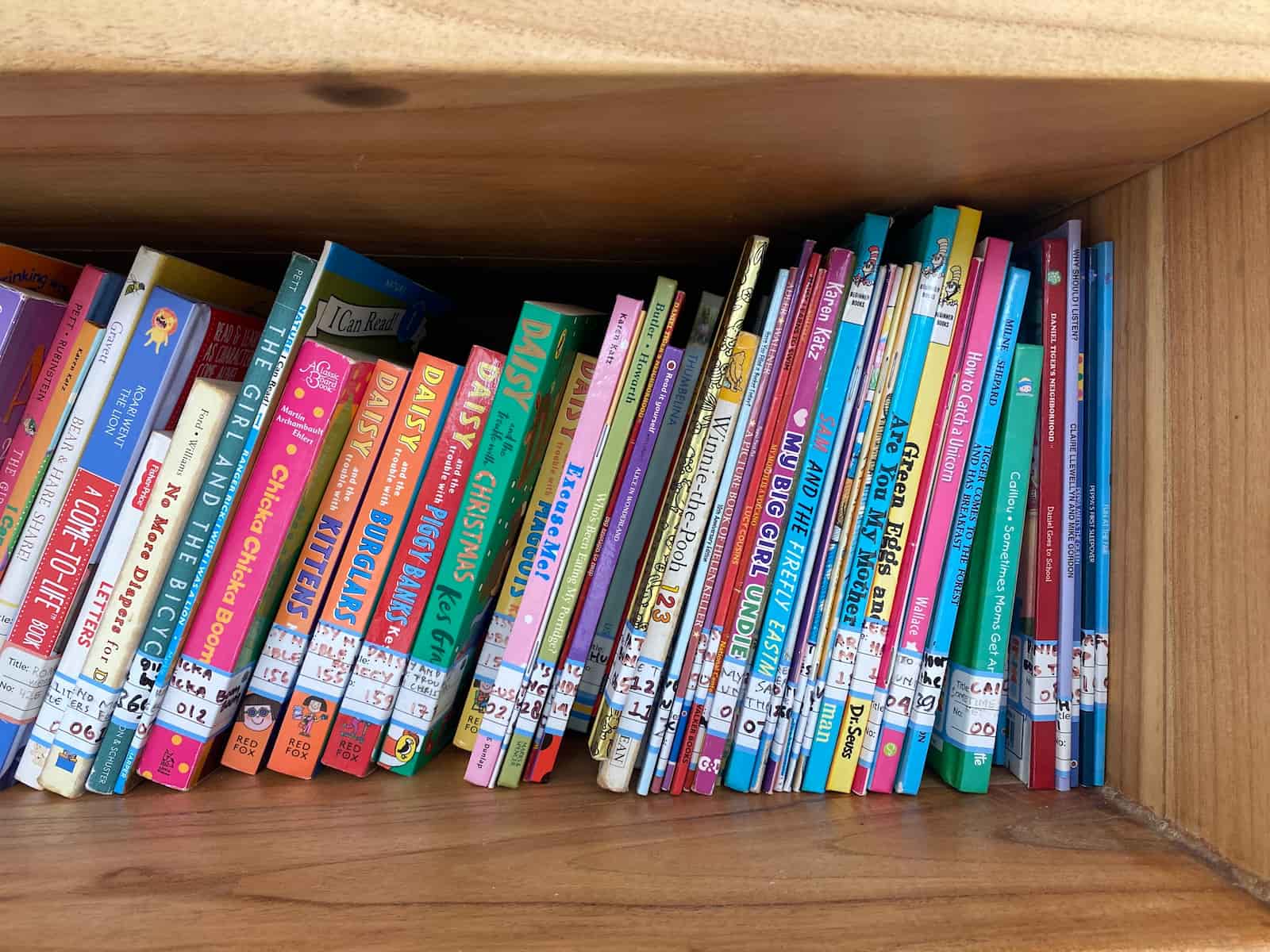 A shelf with a lot of colorful library books for young kids to read on it. 