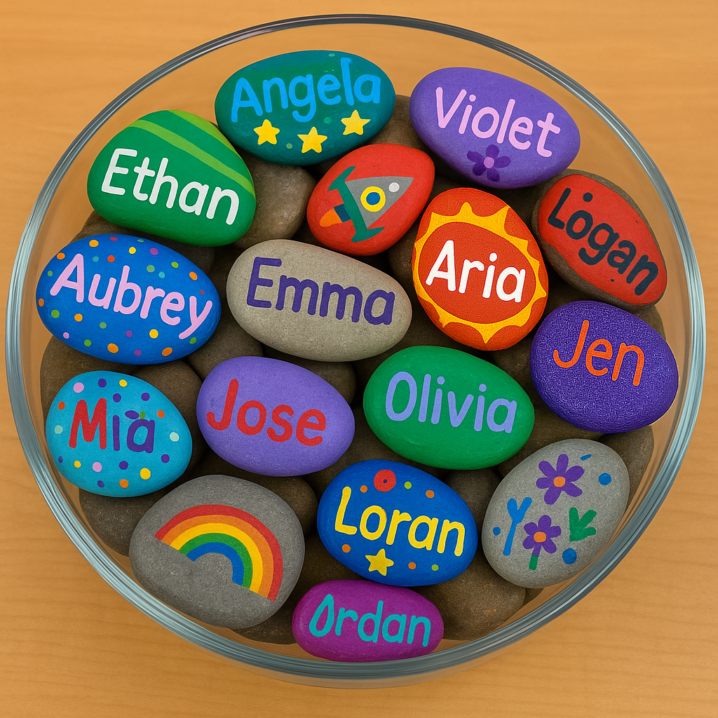 Colorful name rocks painted by kids for a back to school activity. 