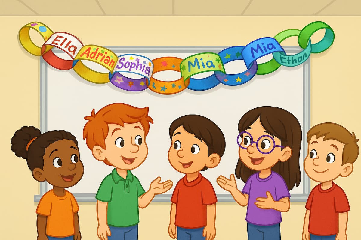 An illustration of a classroom with children standing under a paper name chain. 