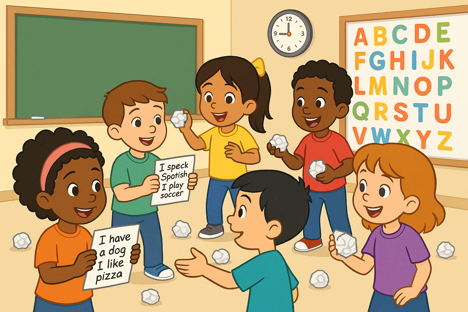 An illustration of kids in a classroom throwing white paper balls. 