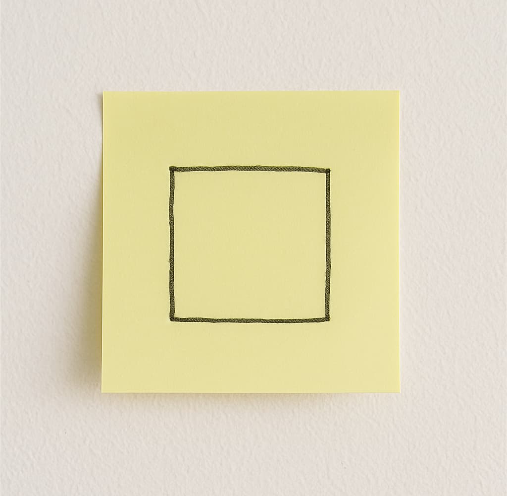 A yellow sticky note on the wall that has a black square drawn on it. 