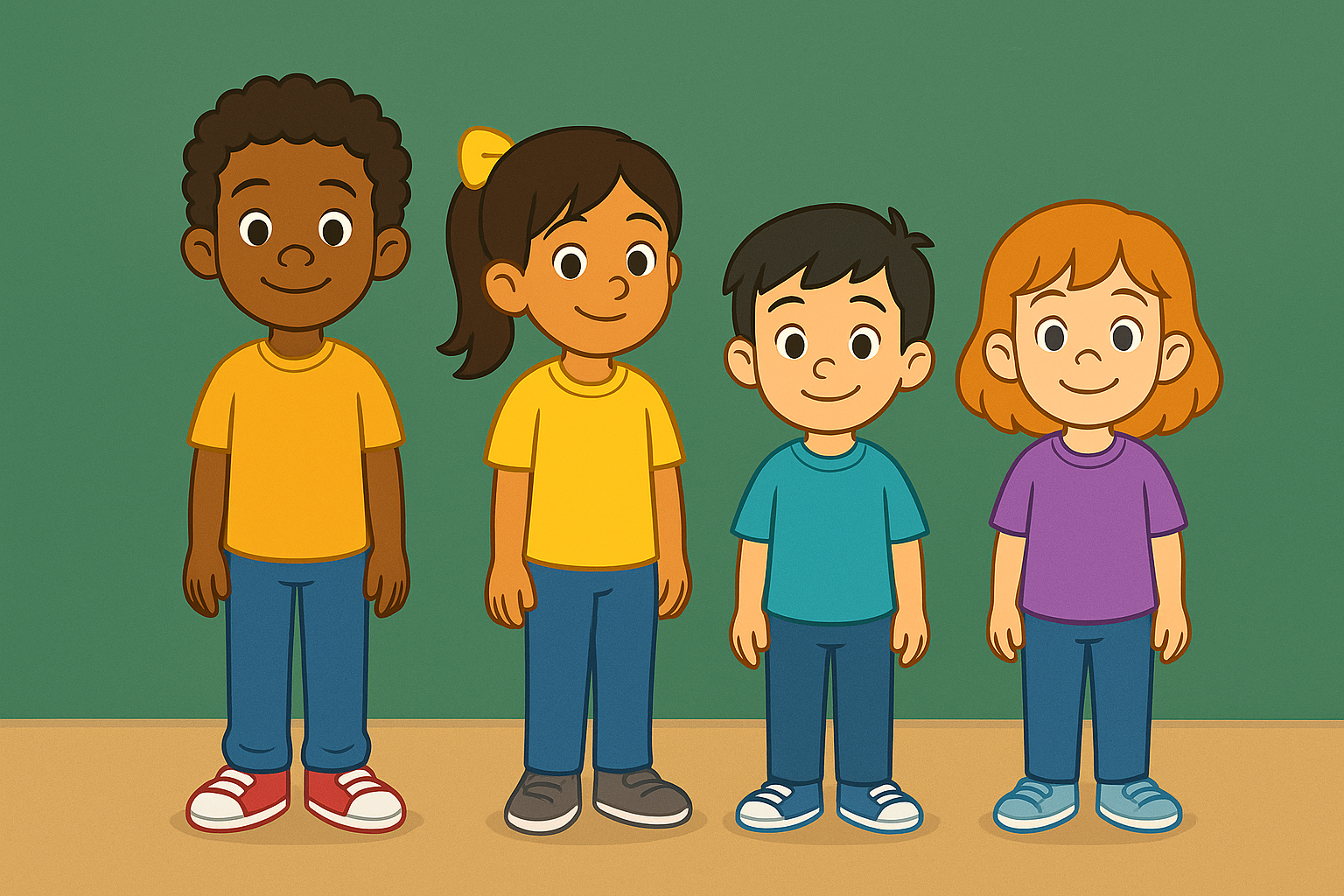 An illustration of children standing in a line tallest to shortest. 
