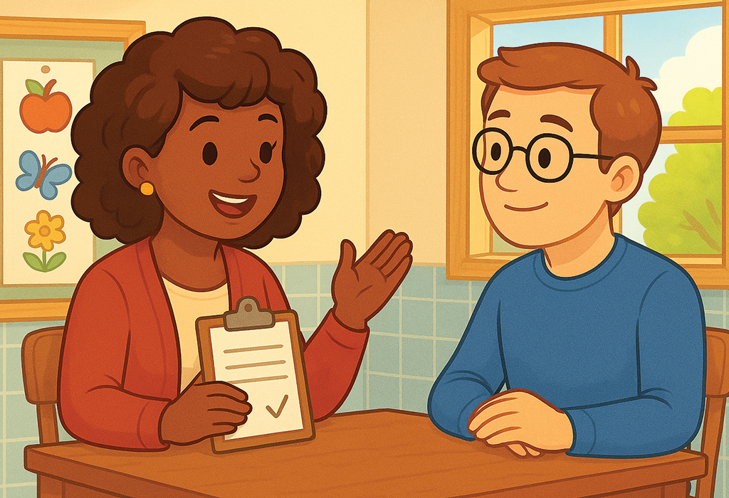 Teacher and parent talking. 