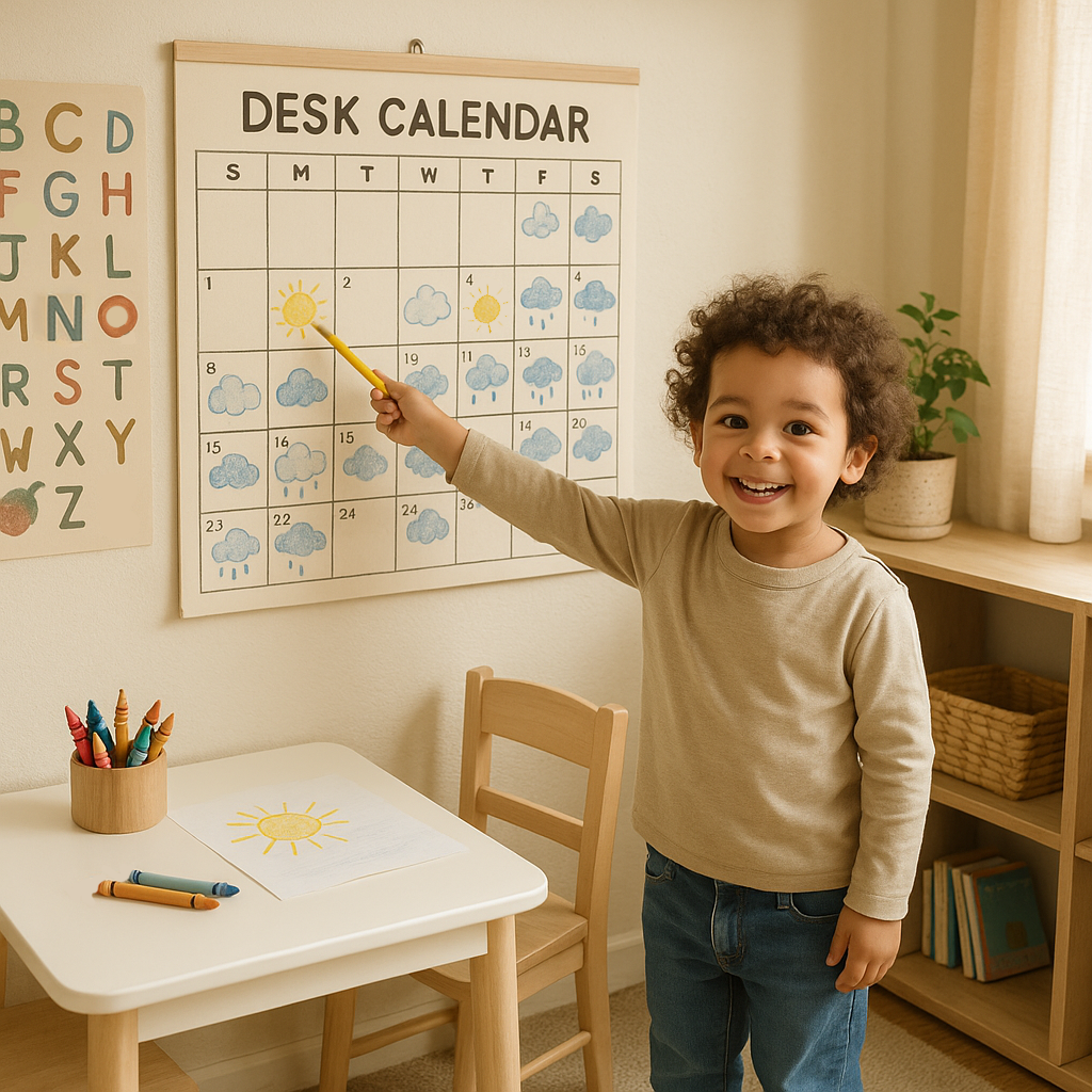 A young boy pointing to a calendar that had weather drawn on it.