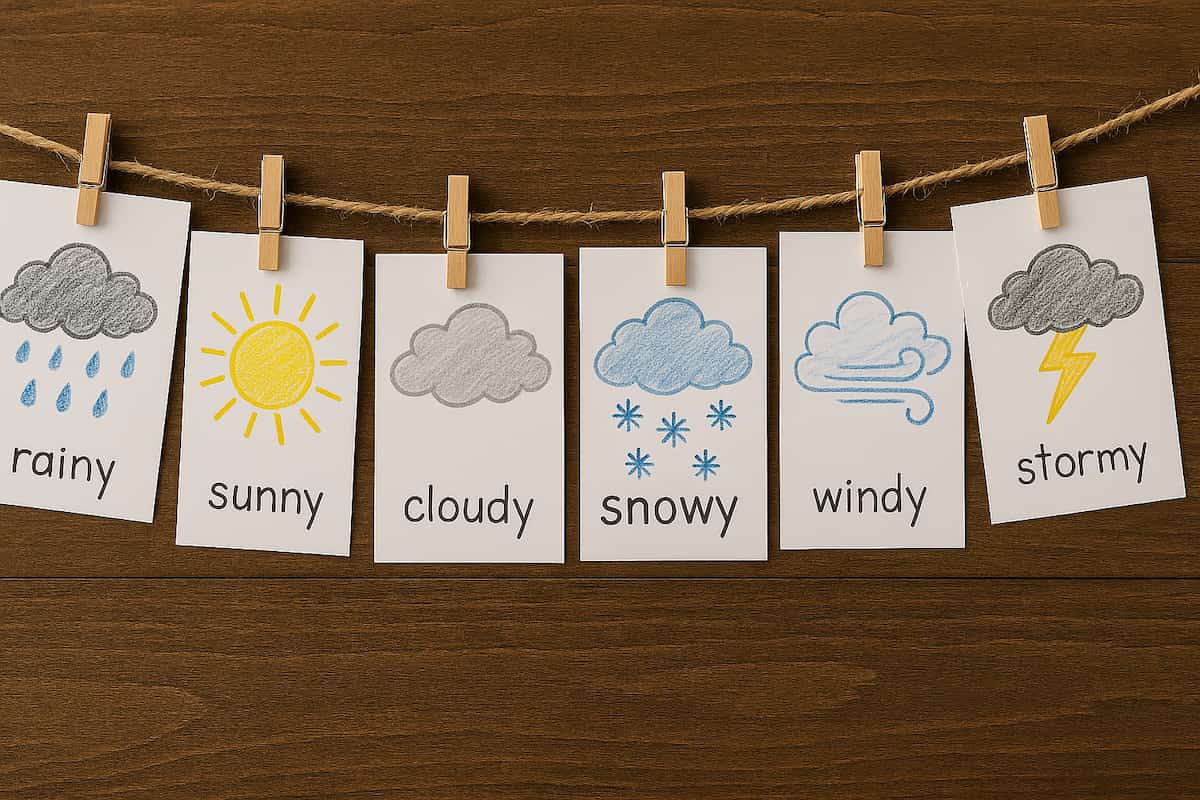 Cards depicting different types of weather hanging on a sting by clothespins. 