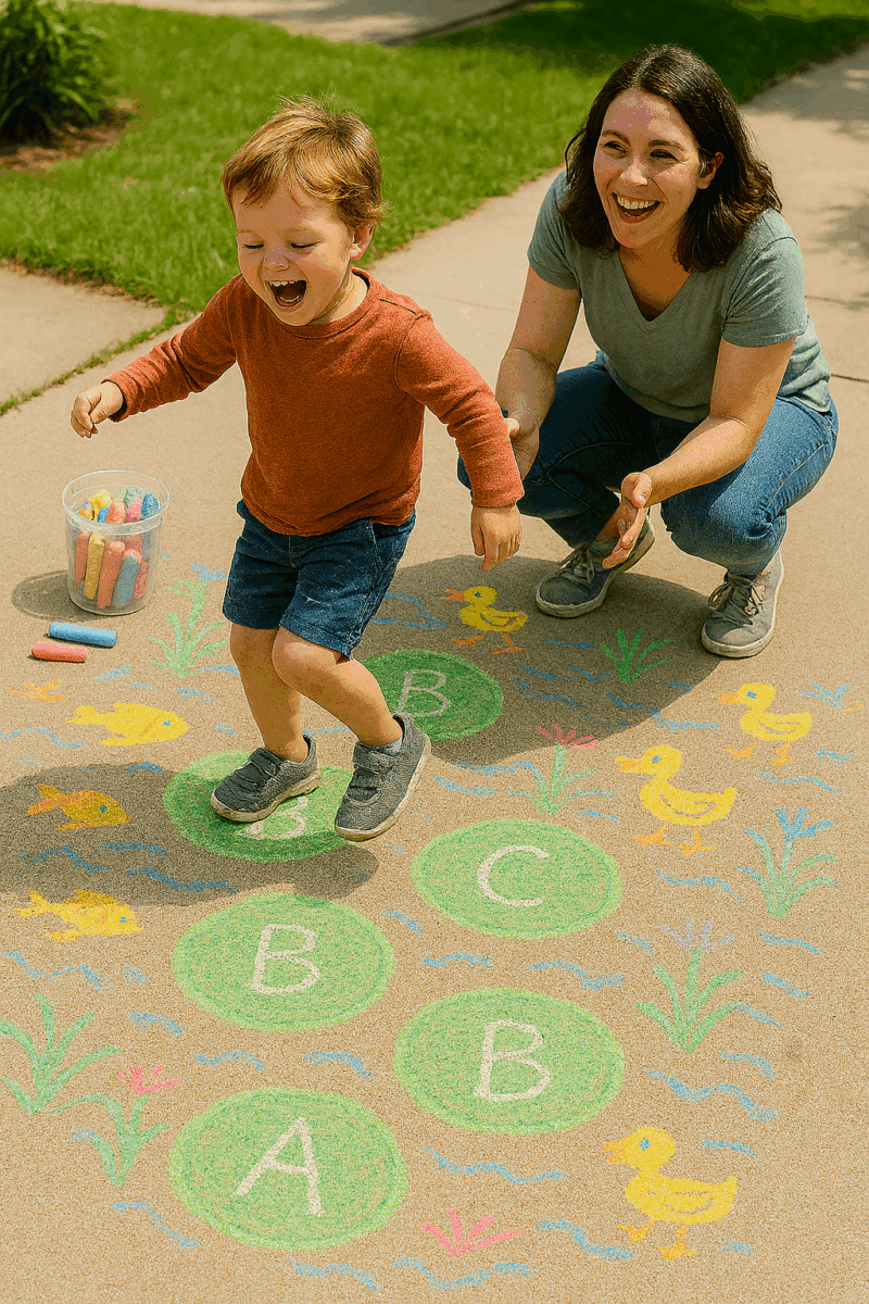A young boy with a big smile on his face jumping on chalk drawn letters on a sidewalk. 