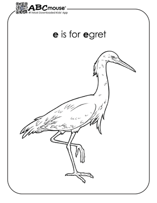 Free printable letter e is for egret coloring page for kids from ABCmouse.com. 