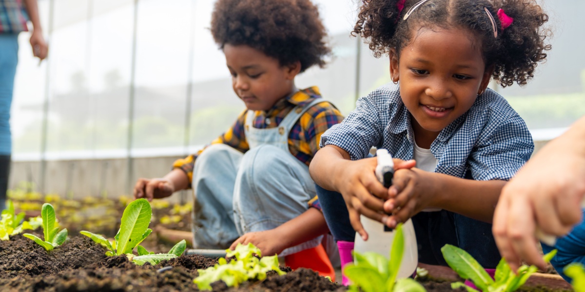 Kids working together in the garden spraying plants with water. 