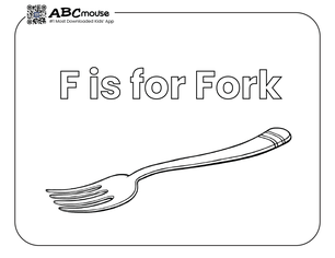 Free printable F is for fork coloring page for kids from ABCmouse.com. 
