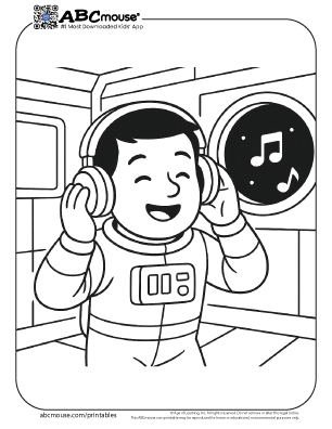 Astronaut listening to music coloring page for kids from ABCmouse.com. 