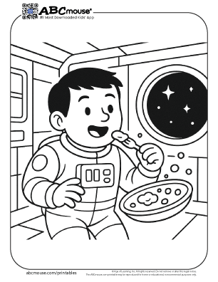 Astronaut eating in space coloring page for kids from ABCmouse.com. 