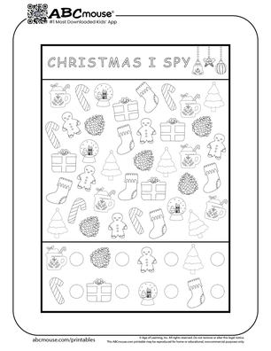 Free printable I spy, mazes, and dot to dot Christmas Worksheets for kids from ABCmouse.com. 