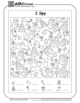 Free printable I spy, mazes, and dot to dot Christmas Worksheets for kids from ABCmouse.com. 