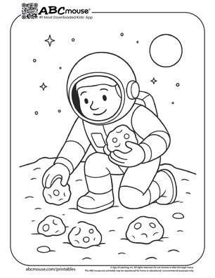 Astronaut gathering moon rocks coloring page for kids from ABCmouse.com. 