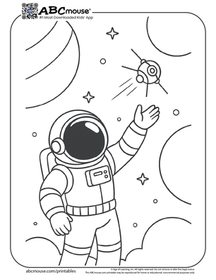 Astronaut releasing probe coloring page for kids from ABCmouse.com. 