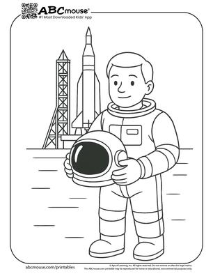 Astronaut near launch pad coloring page for kids from ABCmouse.com. 