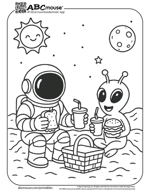Astronaut having lunch with and alien coloring page for kids from ABCmouse.com. 