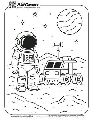Astronaut with a rover coloring page for kids from ABCmouse.com. 