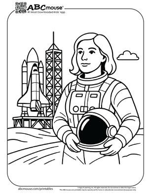 Women astronaut coloring page for kids from ABCmouse.com. 