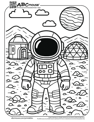 Astronaut on rocky planet coloring page for kids from ABCmouse.com. 