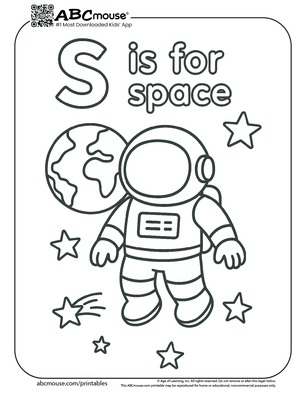 S is for space coloring page for kids from ABCmouse.com. 