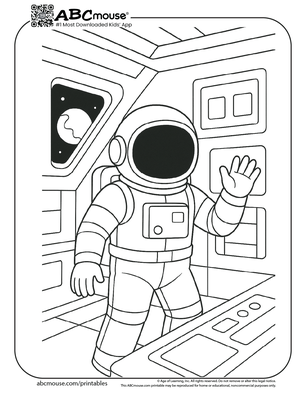 Astronaut inside a space station coloring page for kids from ABCmouse.com. 